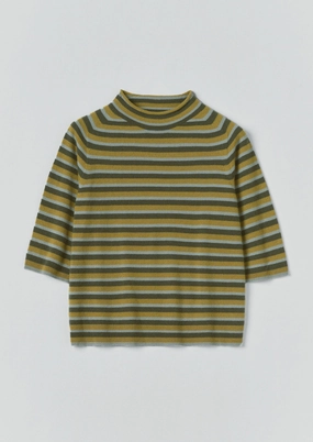 Non Restrictive Collar Stripe Wool Cashmere Half Sleeve Sweater | Green Multi
