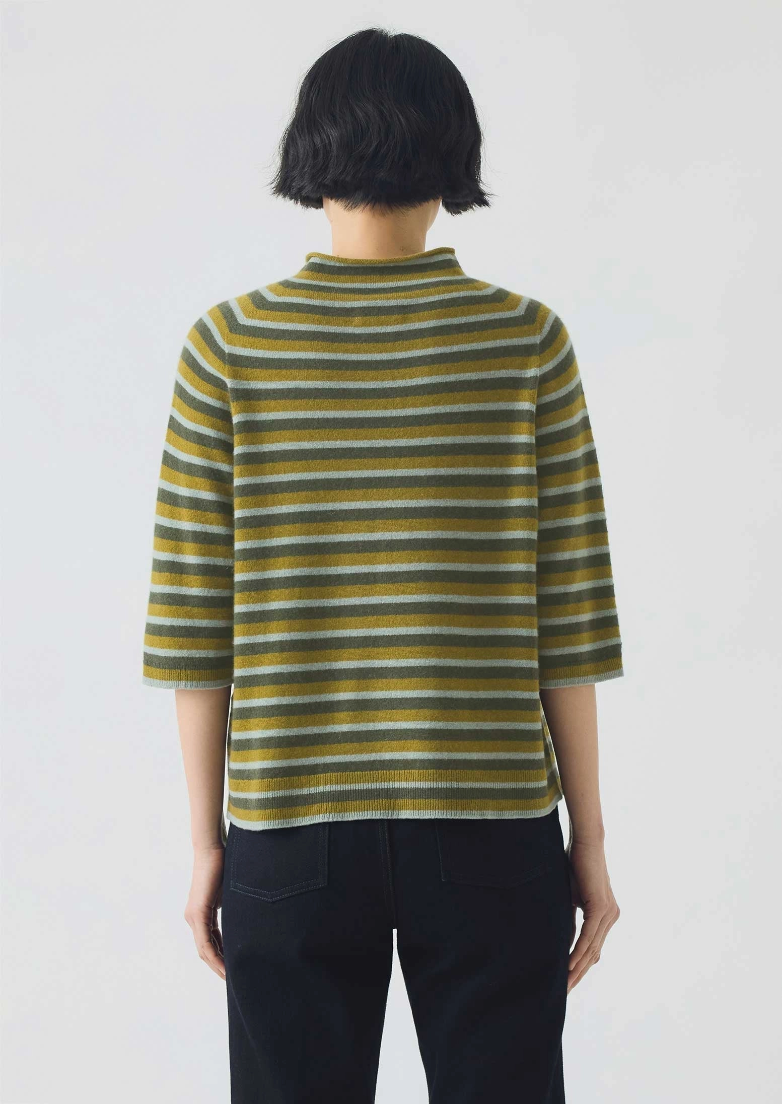 Sustainable Fabric Blend Anti Static Treatment Stripe Wool Cashmere Half Sleeve Sweater | Green Multi