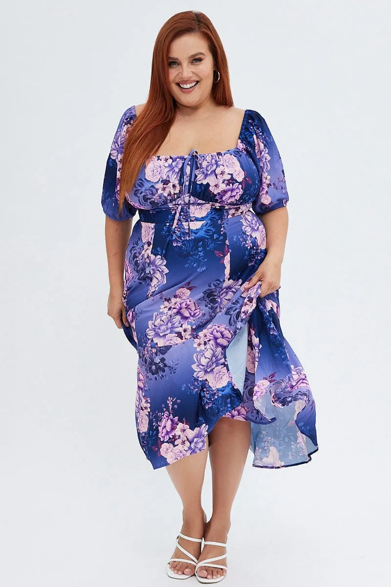 Purple Floral Midi Dress Short Sleeve Ruffle Silky-Feel