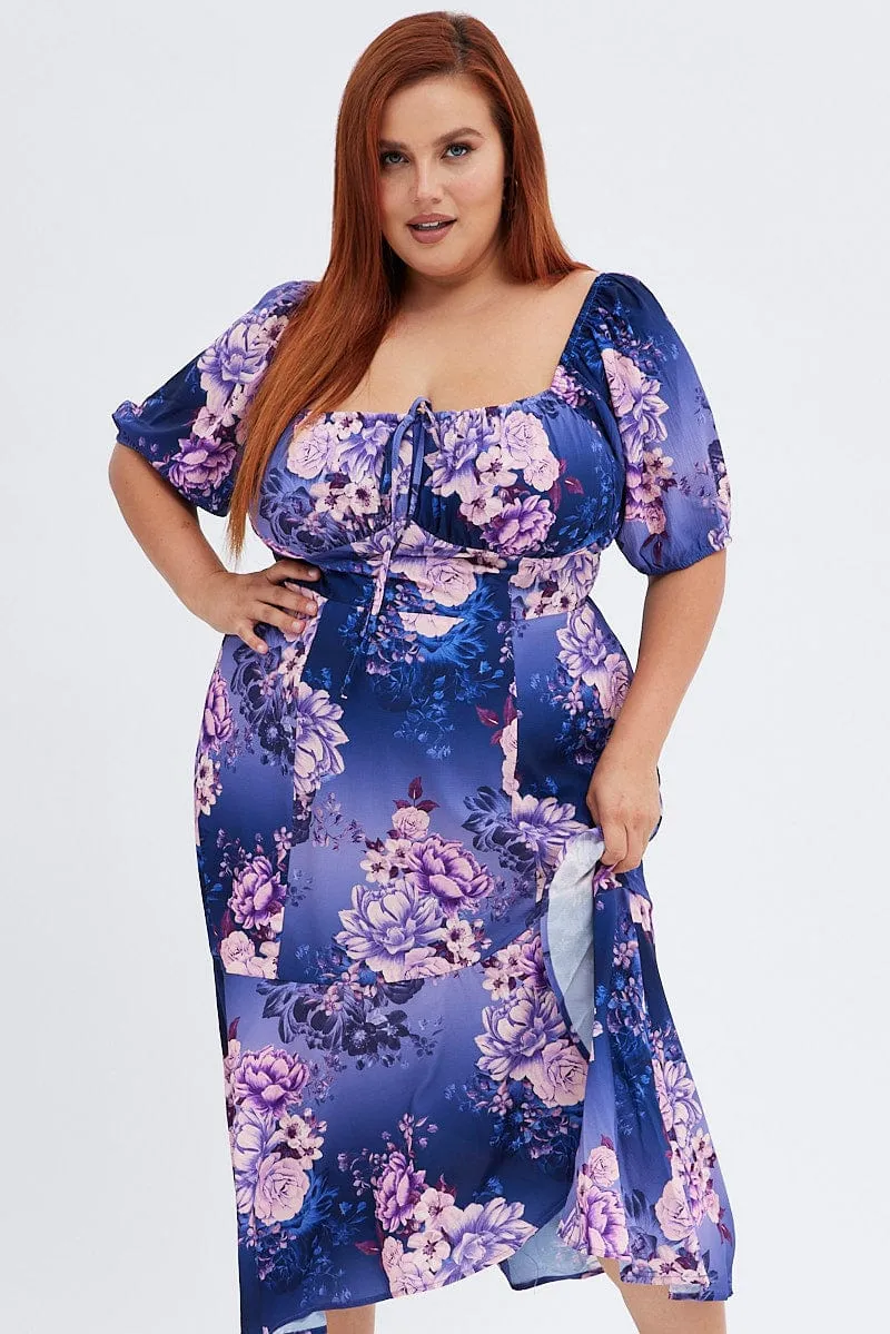 Sophisticated Design Purple Floral Midi Dress Short Sleeve Ruffle