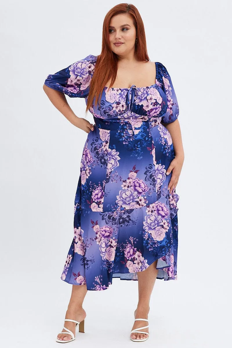 Purple Floral Midi Dress Short Sleeve Ruffle Playful Twist