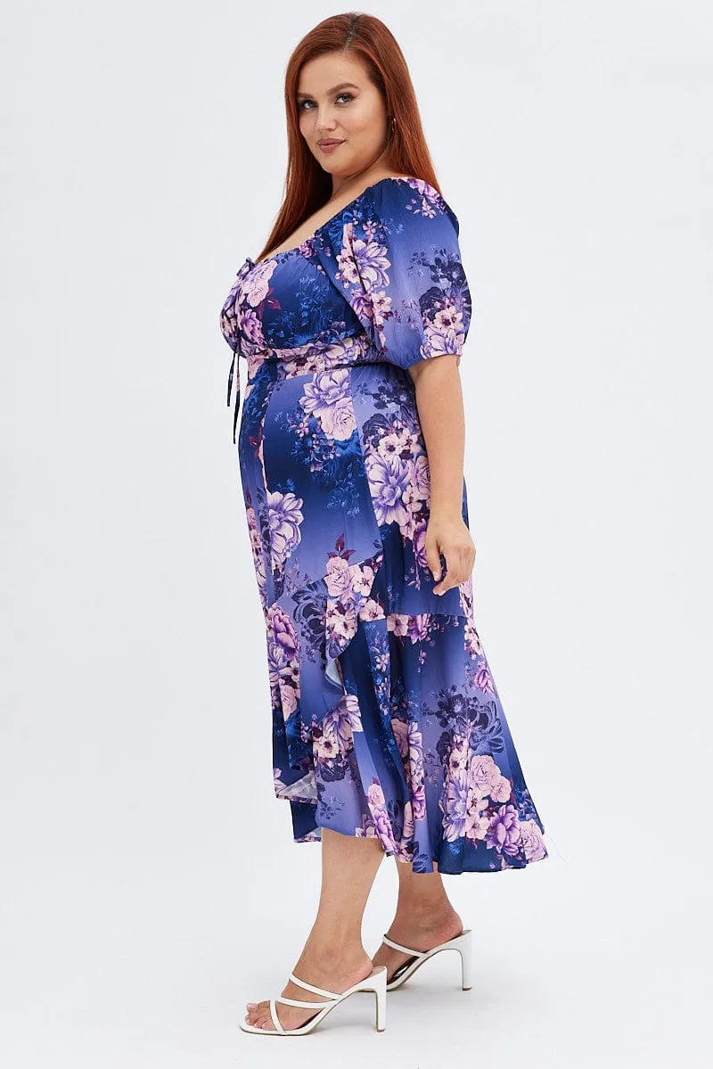 Purple Floral Midi Dress Short Sleeve Ruffle High-Neck