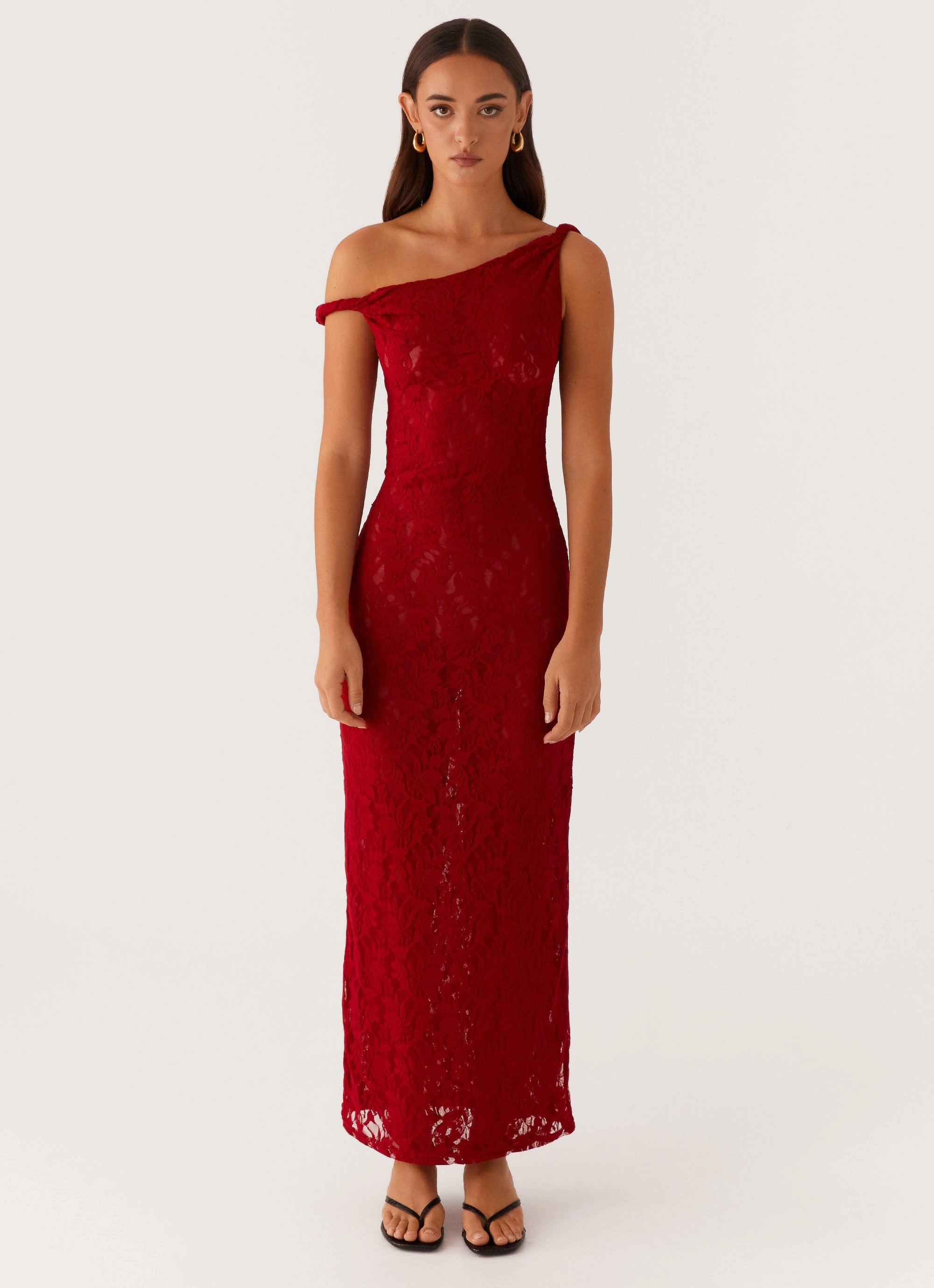 Arabella Twist Shoulder Maxi Dress - Maroon Elegant Waist Design