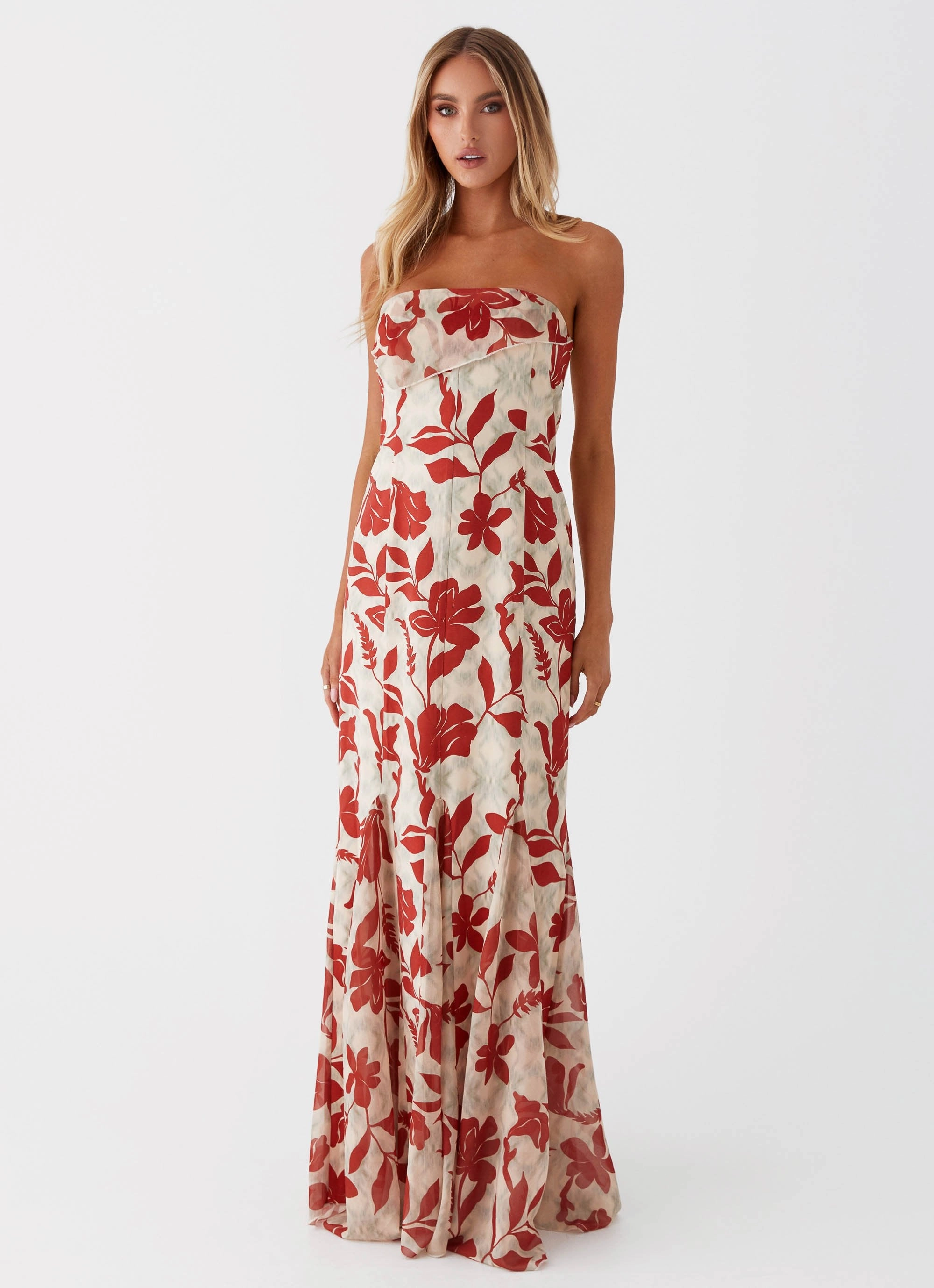 Timeless office dress High-Low-Hem Willa Maxi Dress - Red Green Floral