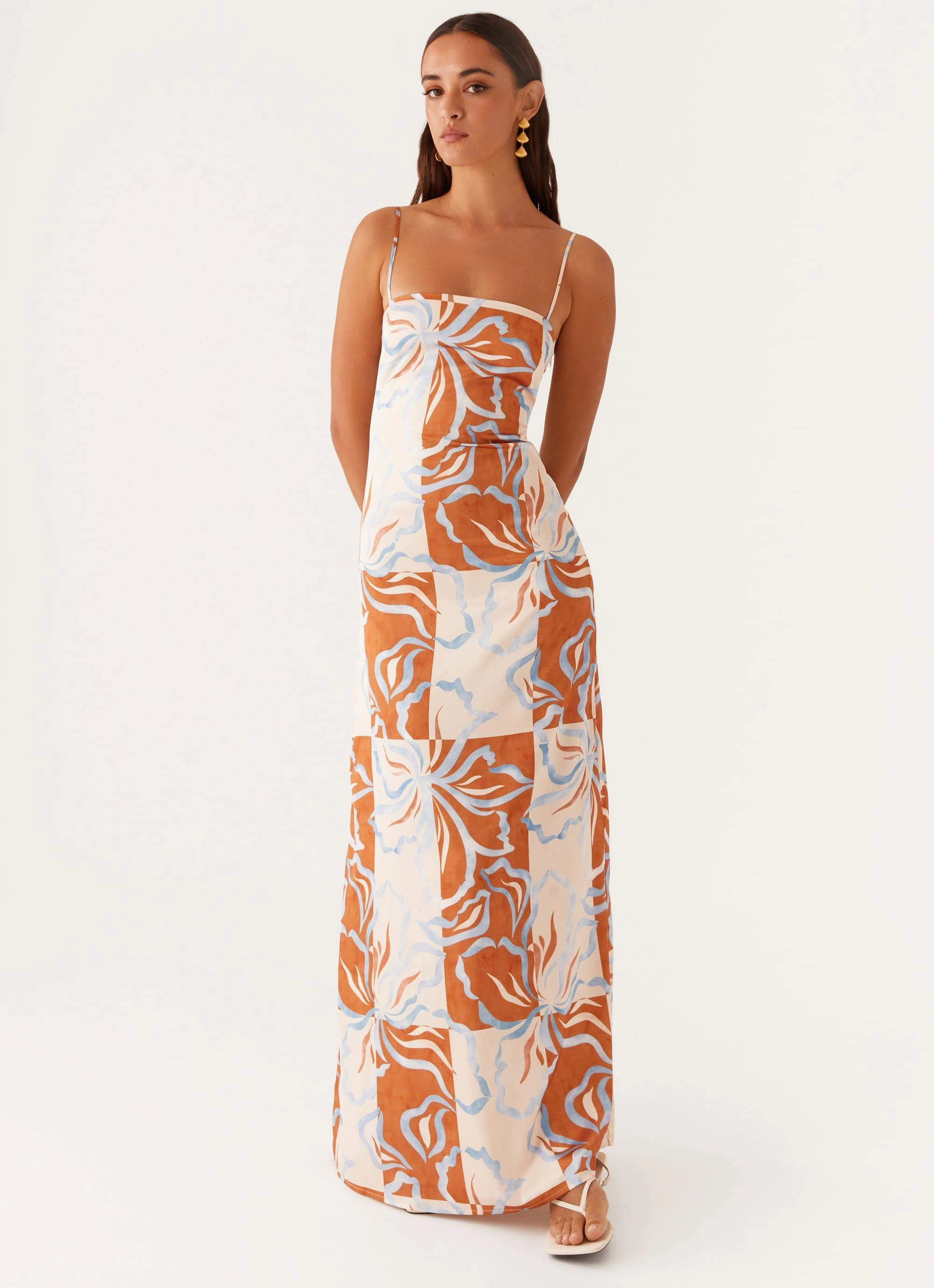 Multi Season Aster Bloom Maxi Dress - Orange Blue Floral