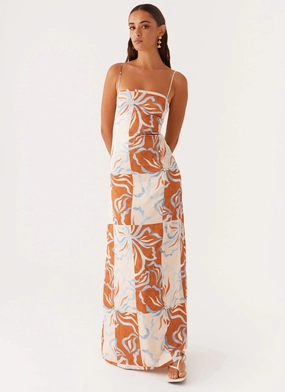 Multi Season Aster Bloom Maxi Dress - Orange Blue Floral