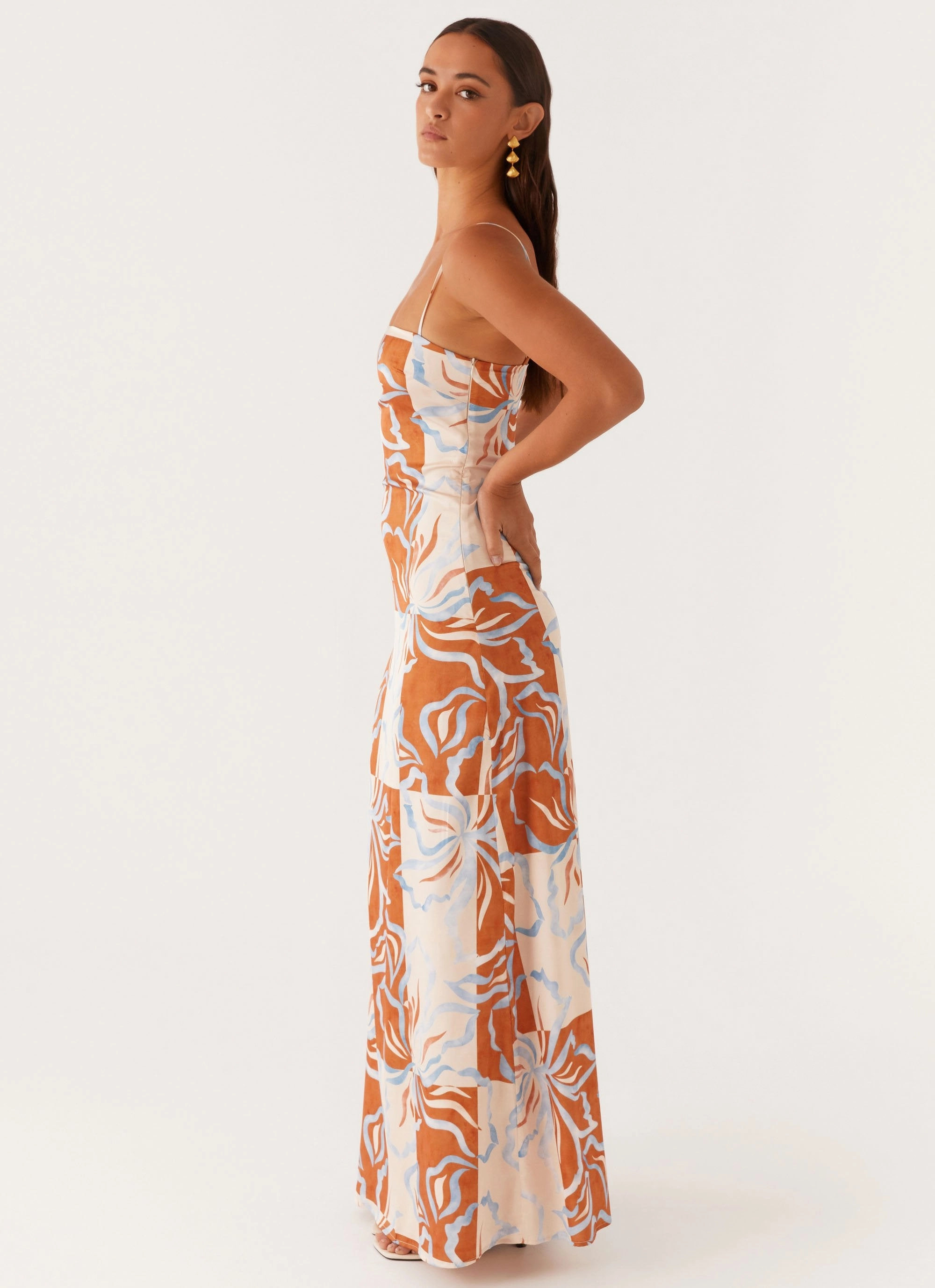 Aster Bloom Maxi Dress - Orange Blue Floral Clean Lines monochrome