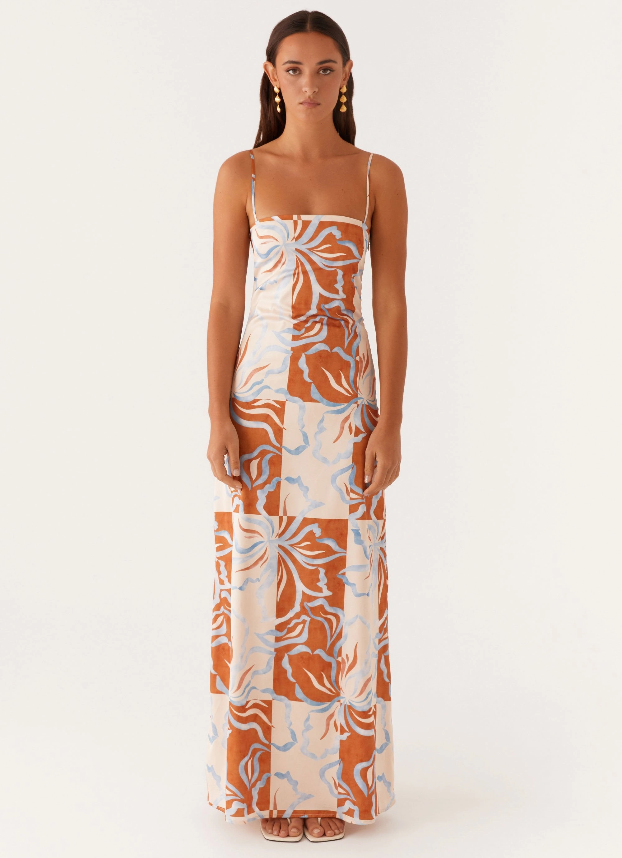 Aster Bloom Maxi Dress - Orange Blue Floral Sleek Touch Polished Look