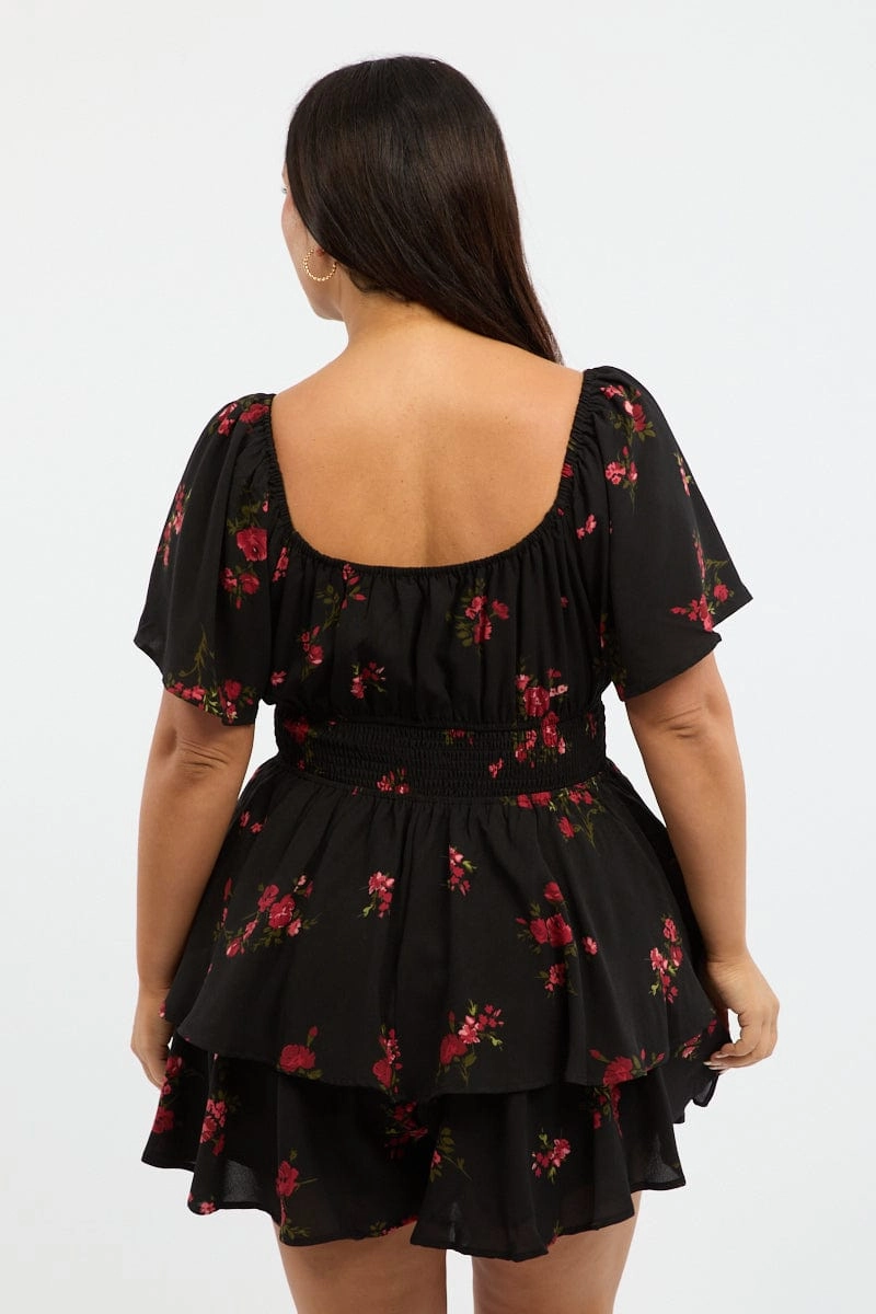 Relaxed Design Black Floral Floral Playsuit Short Sleeve