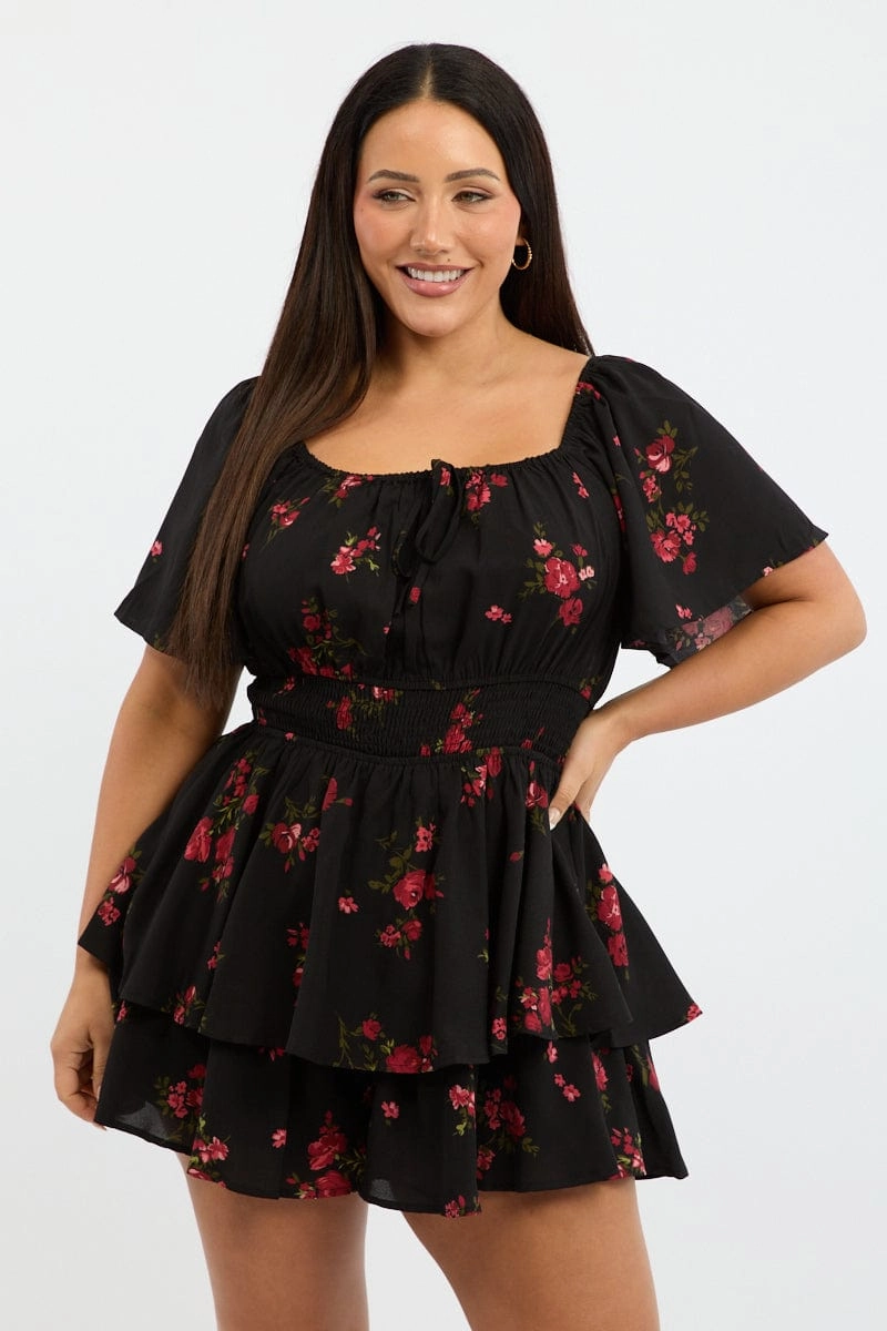 Vibrant Style Cool Motion Black Floral Floral Playsuit Short Sleeve
