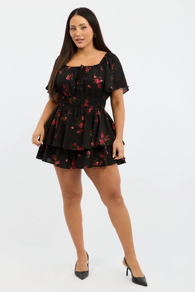 Casual Edge Black Floral Floral Playsuit Short Sleeve