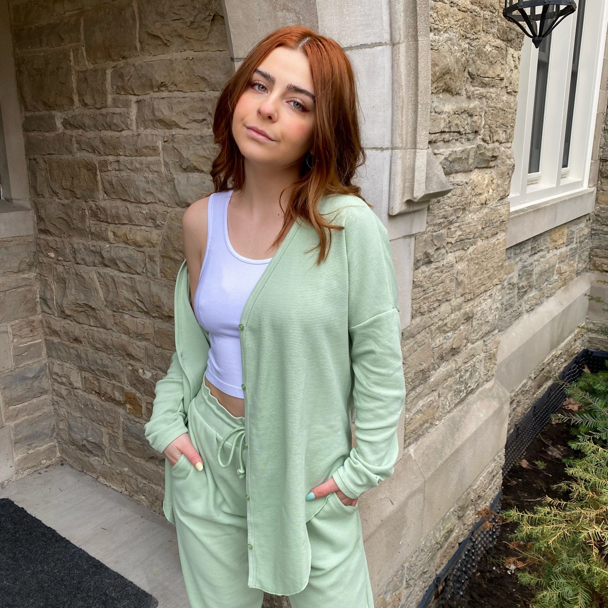 Sunny Day AUDETTE Waffle Button Front Top