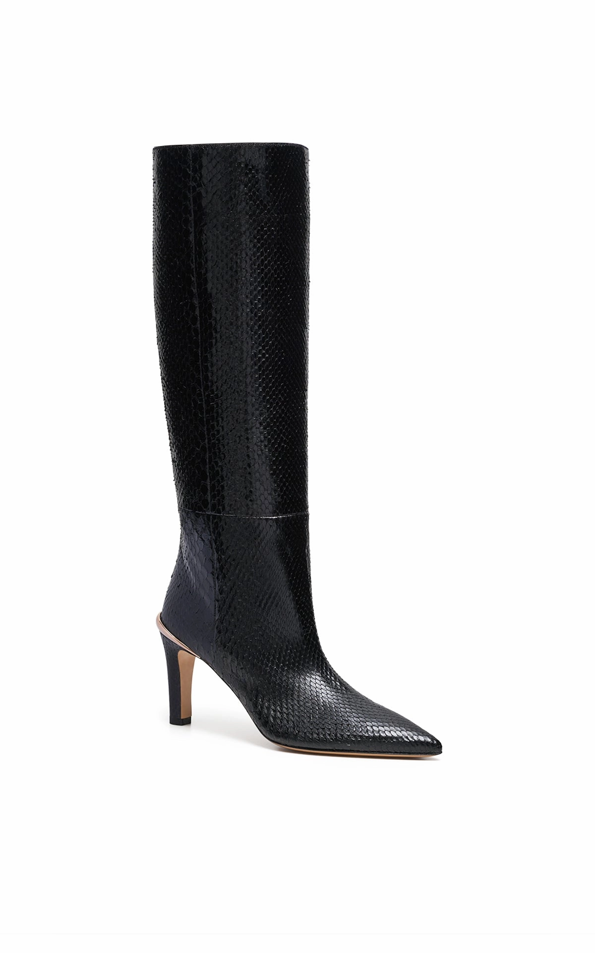 Aura High Heel Stiletto Tall Boot in Black Snakeskin Torsional Rigidity Frame Mud Resistant Outdoor Trek