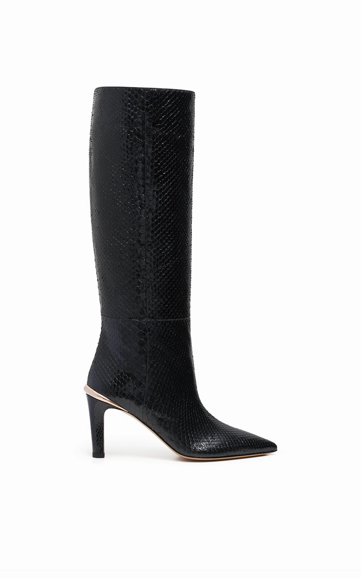Tough Terrain Slip-Resistant Sole Aura High Heel Stiletto Tall Boot in Black Snakeskin