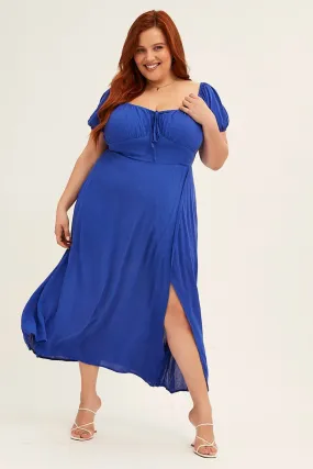 WrinkleResistantFinish Clean Stitch Azure Midi Dress Puff Sleeve With Split Crinkle Rayon