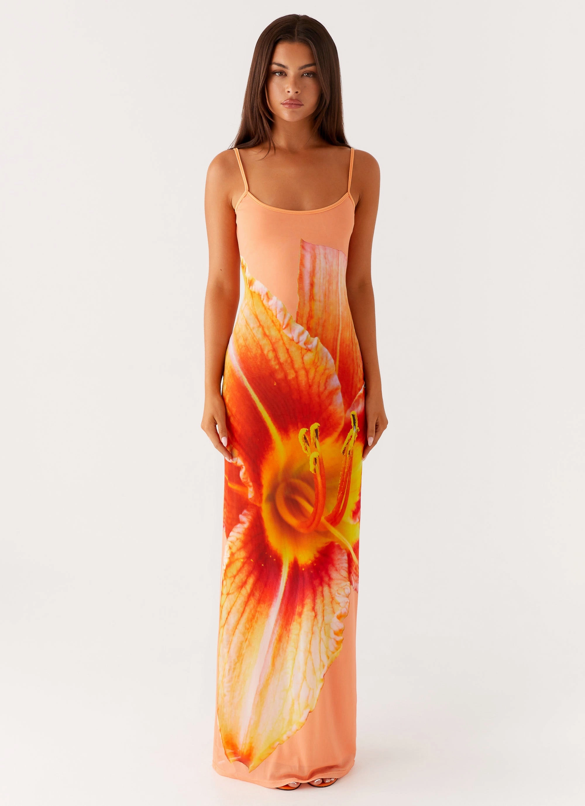 Bad News Mesh Maxi Dress - Orange Floral Airy Weave Luxurious Feel