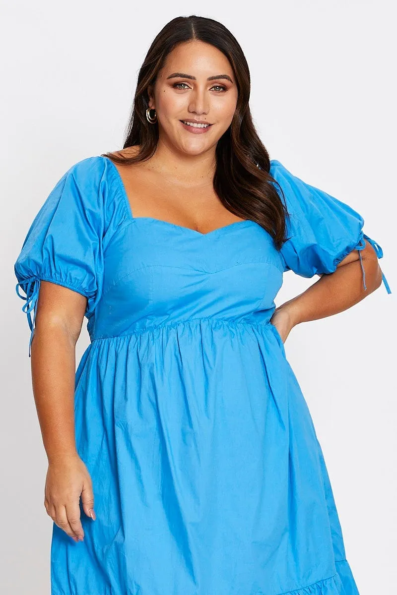 Relaxed Waistband Mid Blue Short Puff Sleeve Blue Bust Detail Dress