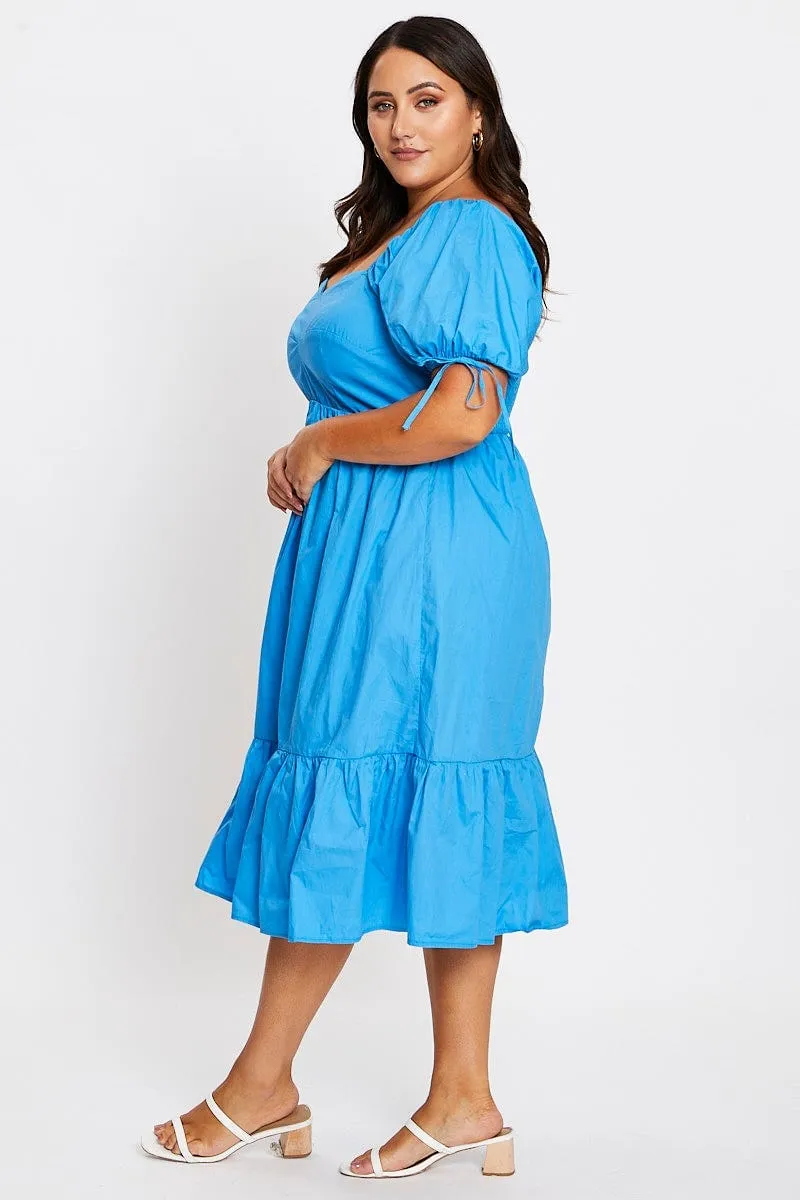 Rooftop-Event Effortless Waist Design Mid Blue Short Puff Sleeve Blue Bust Detail Dress