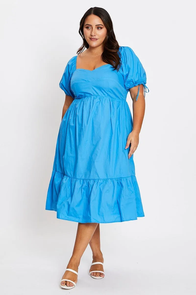 Mid Blue Short Puff Sleeve Blue Bust Detail Dress Radiant Mood