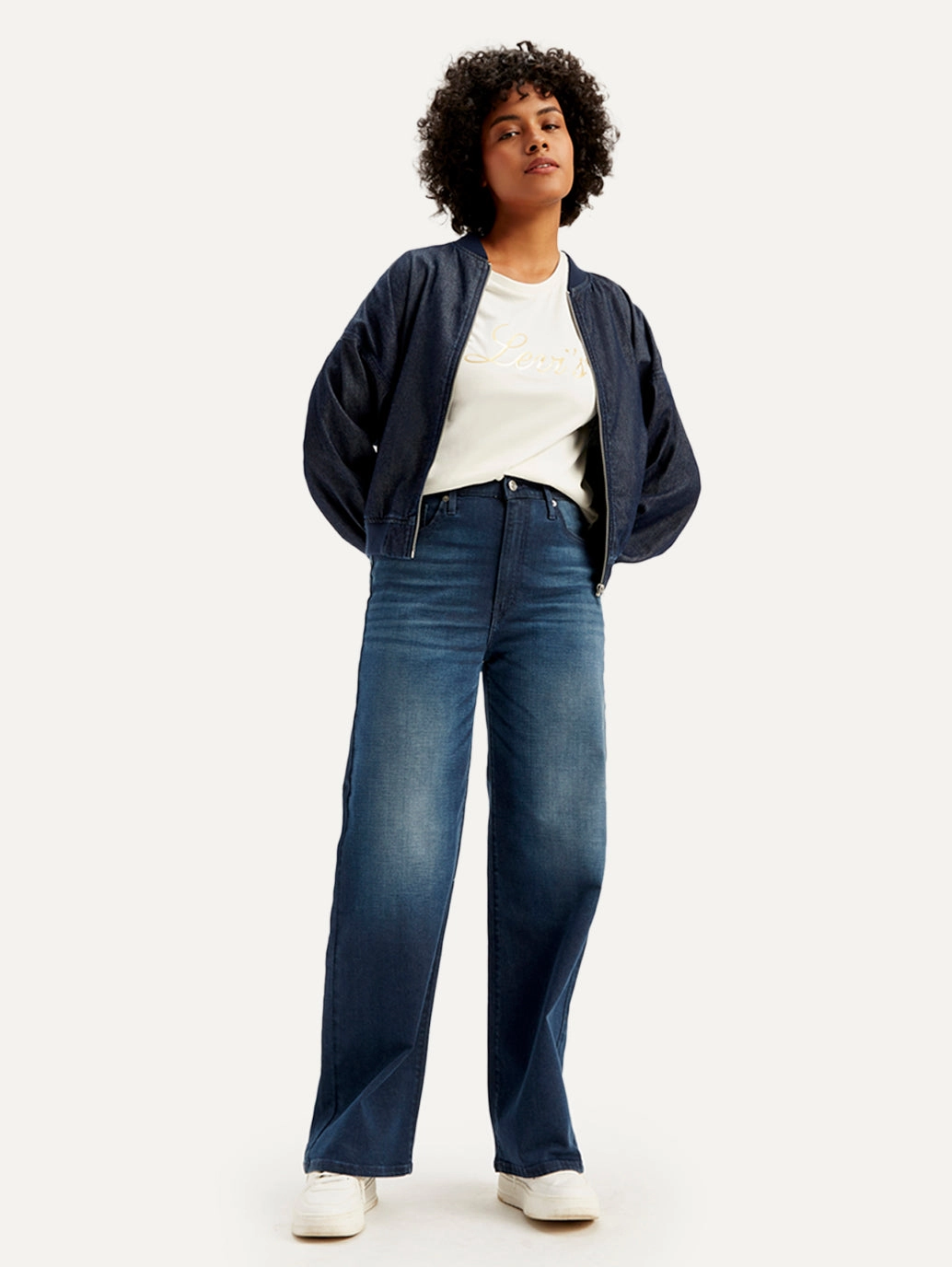 No Bulk Seam Design Women's Navy Blue Wide Leg Fit High Rise Jeans