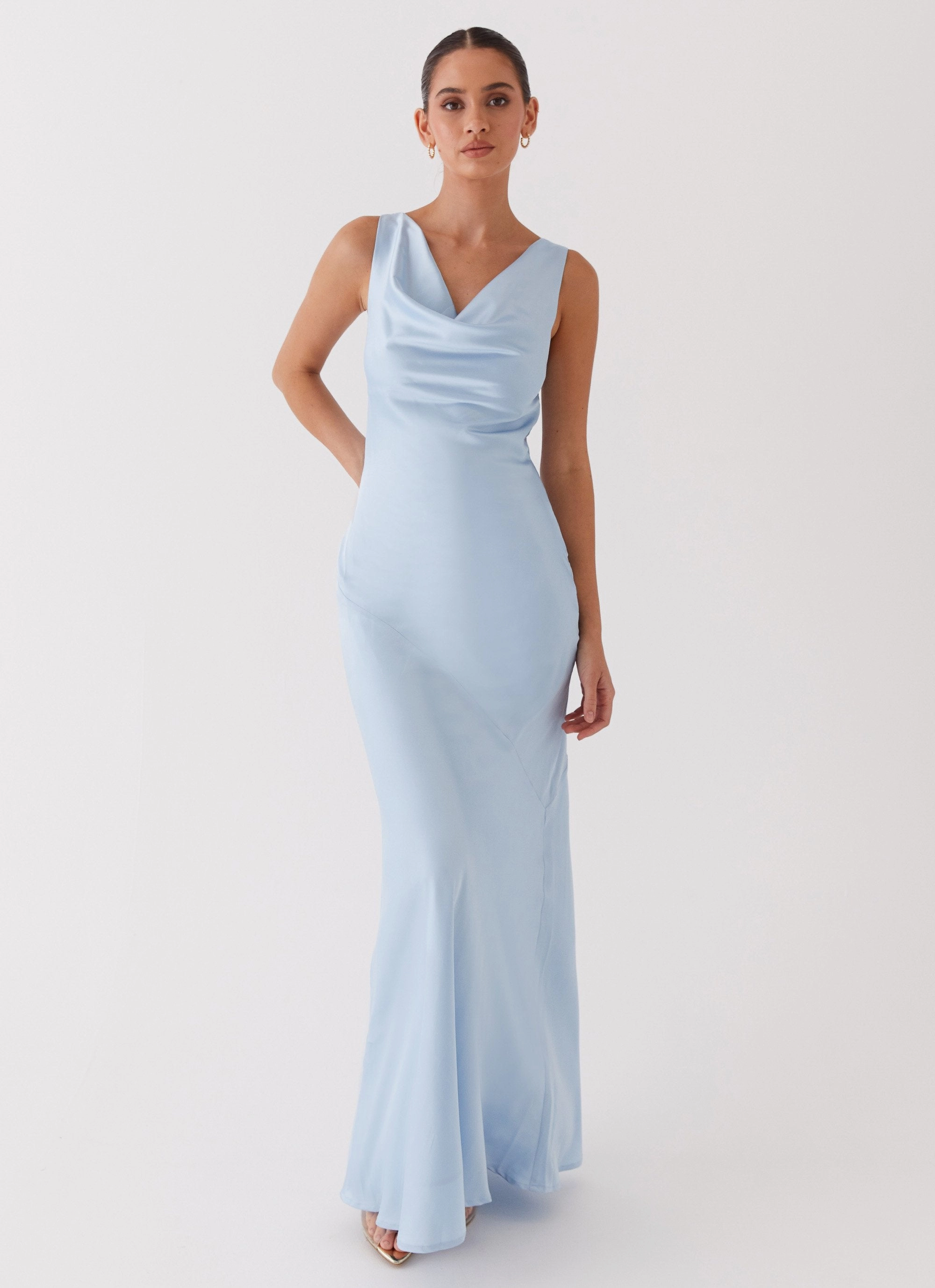 Be Mine Satin Maxi Dress - Blue Sheer Light Earth-Tone