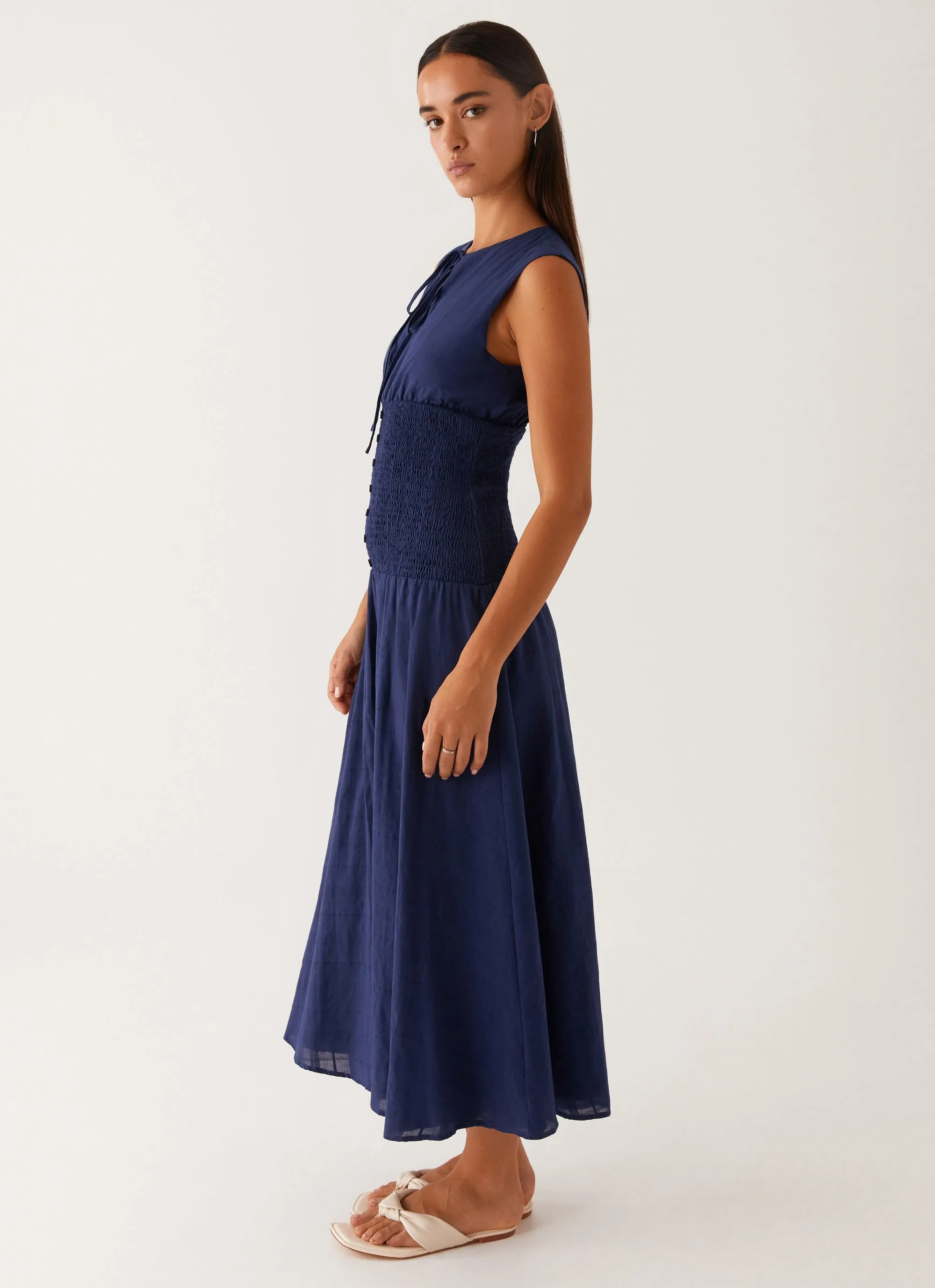 Belle Shirred Waist Midi Dress - Navy Elegant Waistband Fit