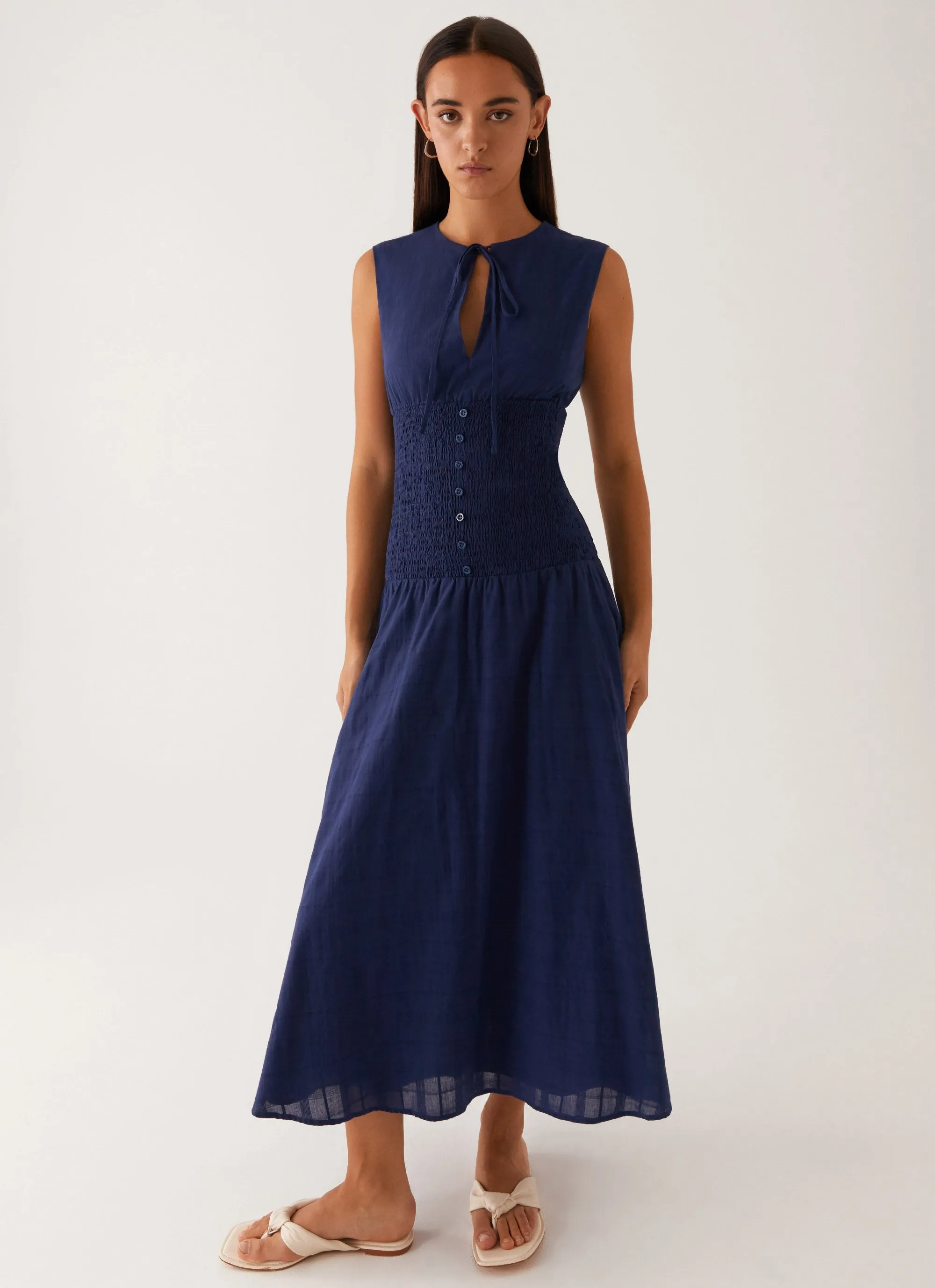 Belle Shirred Waist Midi Dress - Navy Autumn-Season