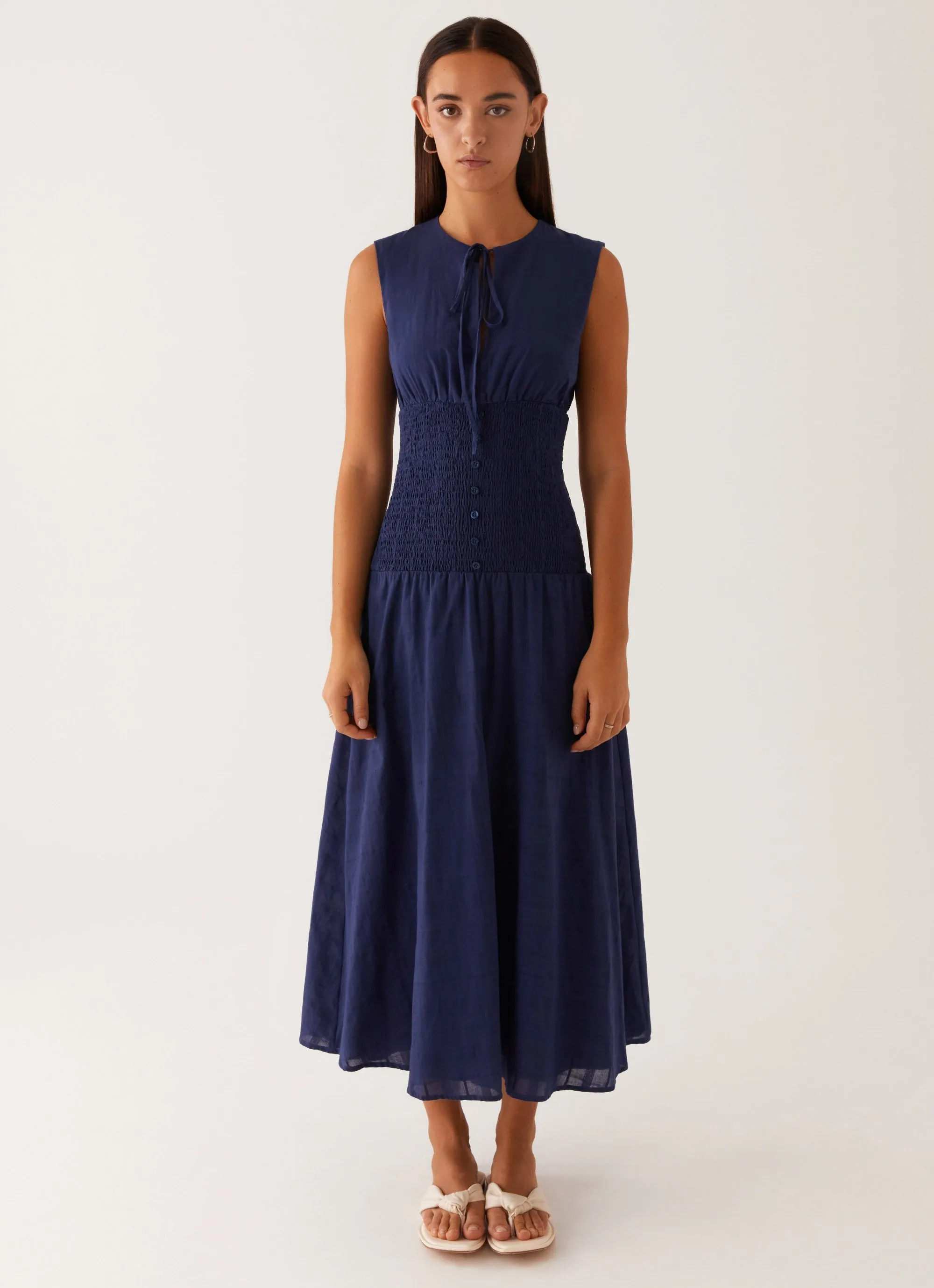 Belle Shirred Waist Midi Dress - Navy Romantic date dress