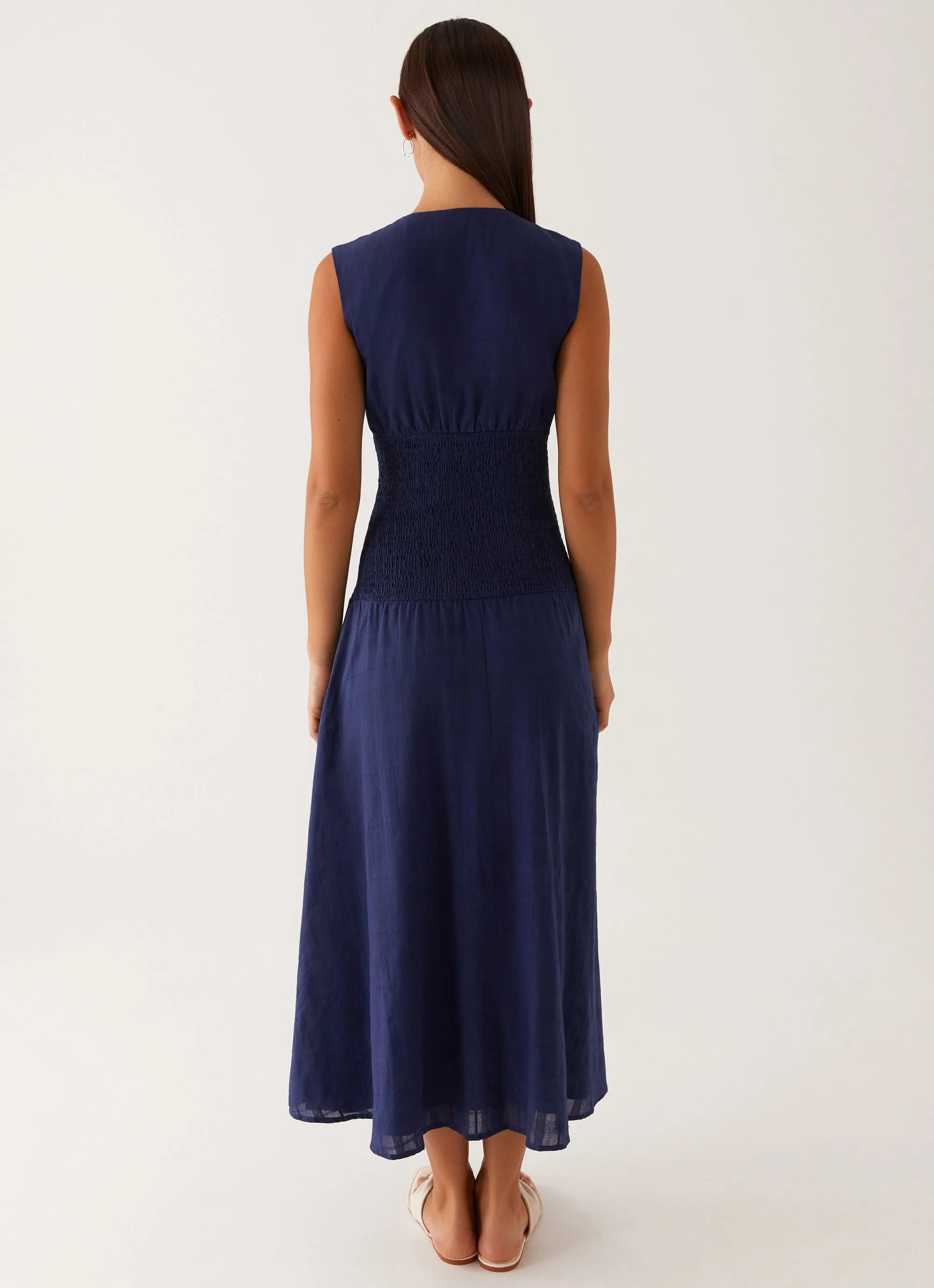 Dropped-Waist All Time Belle Shirred Waist Midi Dress - Navy