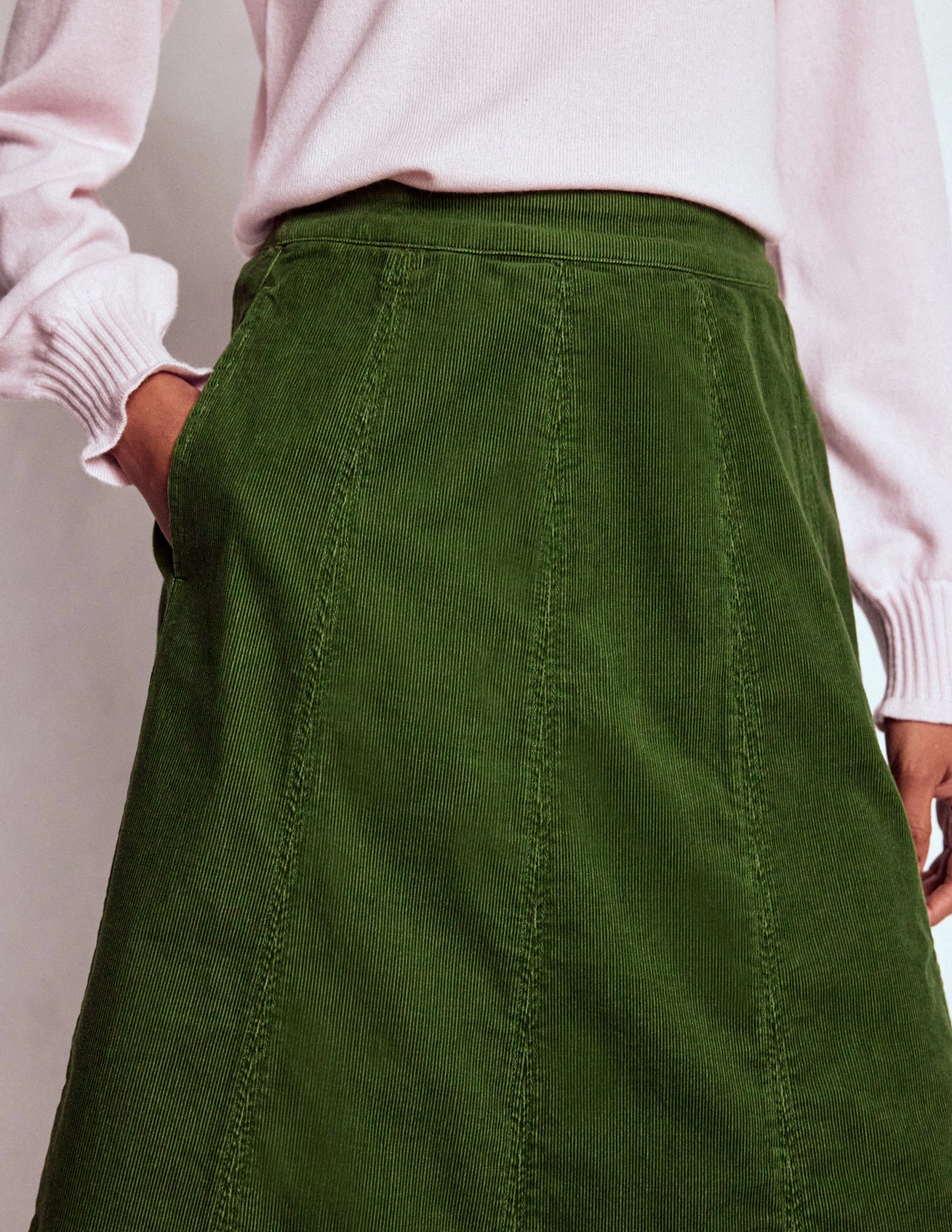 Oversized style Polished Cut Joy Cord Midi Skirt-Fern