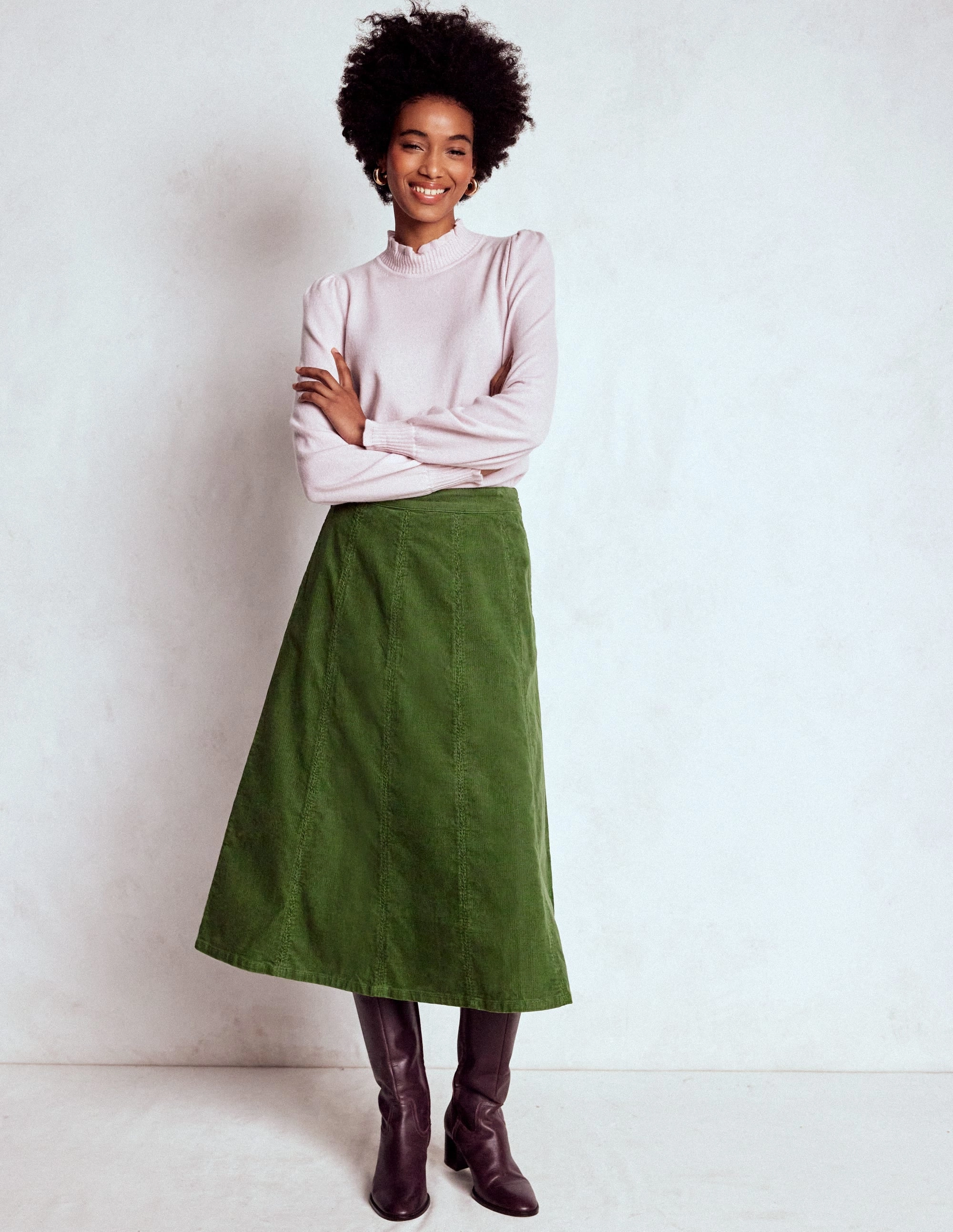 ruffle trim Basic Layers Joy Cord Midi Skirt-Fern