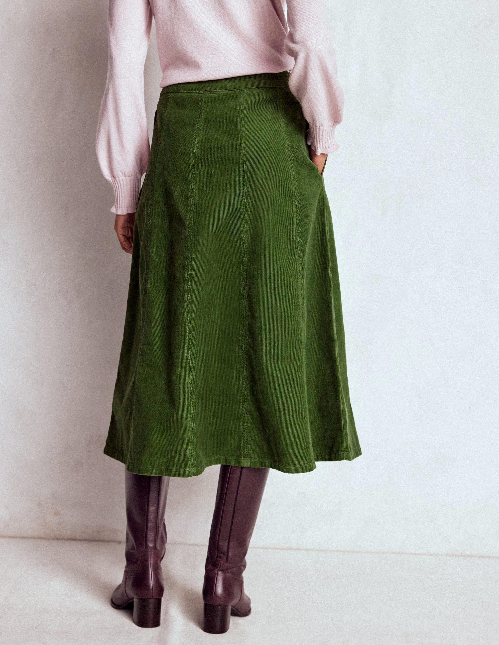 Tapered Cut Joy Cord Midi Skirt-Fern