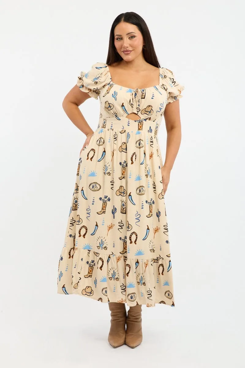 Special-Occasion Quilted-Lining Beige Abstract Midi Dress Short Sleeve Cut Out Linen Blend