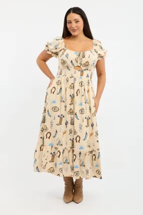 Special-Occasion Quilted-Lining Beige Abstract Midi Dress Short Sleeve Cut Out Linen Blend