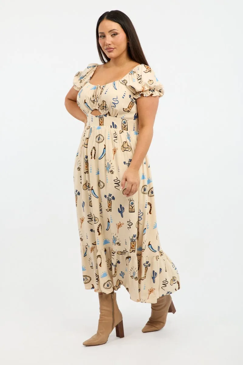 Beige Abstract Midi Dress Short Sleeve Cut Out Linen Blend Comfy Shape