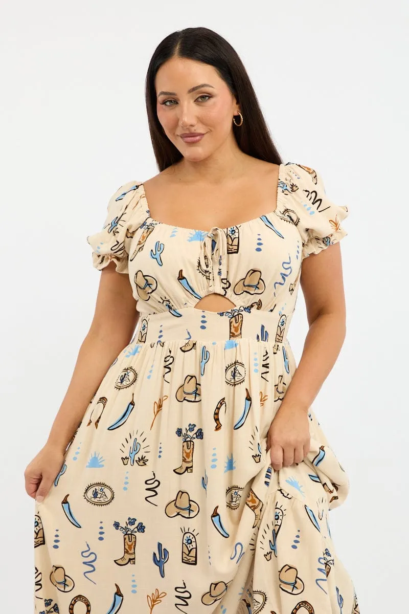 Beige Abstract Midi Dress Short Sleeve Cut Out Linen Blend Hip-Flattering