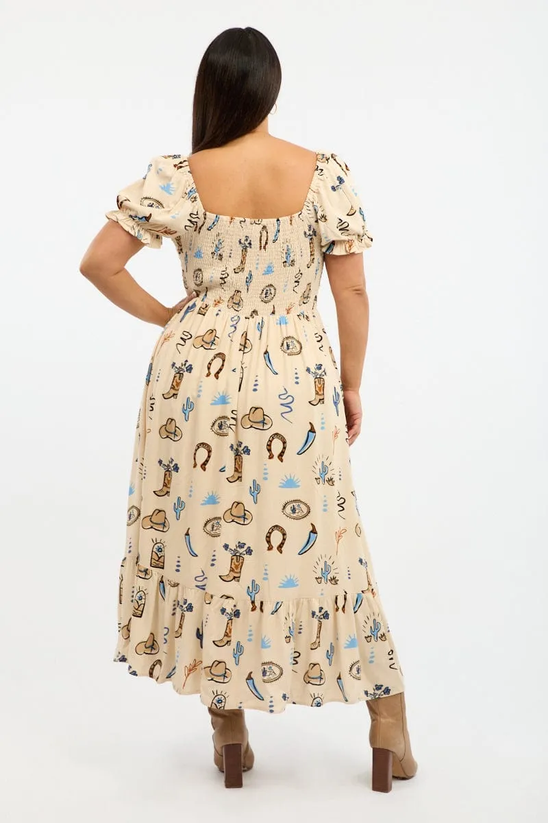 Weekend Fresh Sleek Draping Beige Abstract Midi Dress Short Sleeve Cut Out Linen Blend