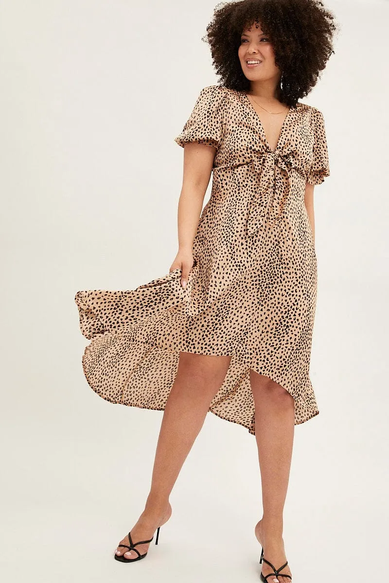 Simple Flow Beige Animal Print Midi Dress Short Sleeve Tie Front Satin