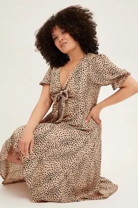 Beige Animal Print Midi Dress Short Sleeve Tie Front Satin Bare Arm SmoothEdgeFinish