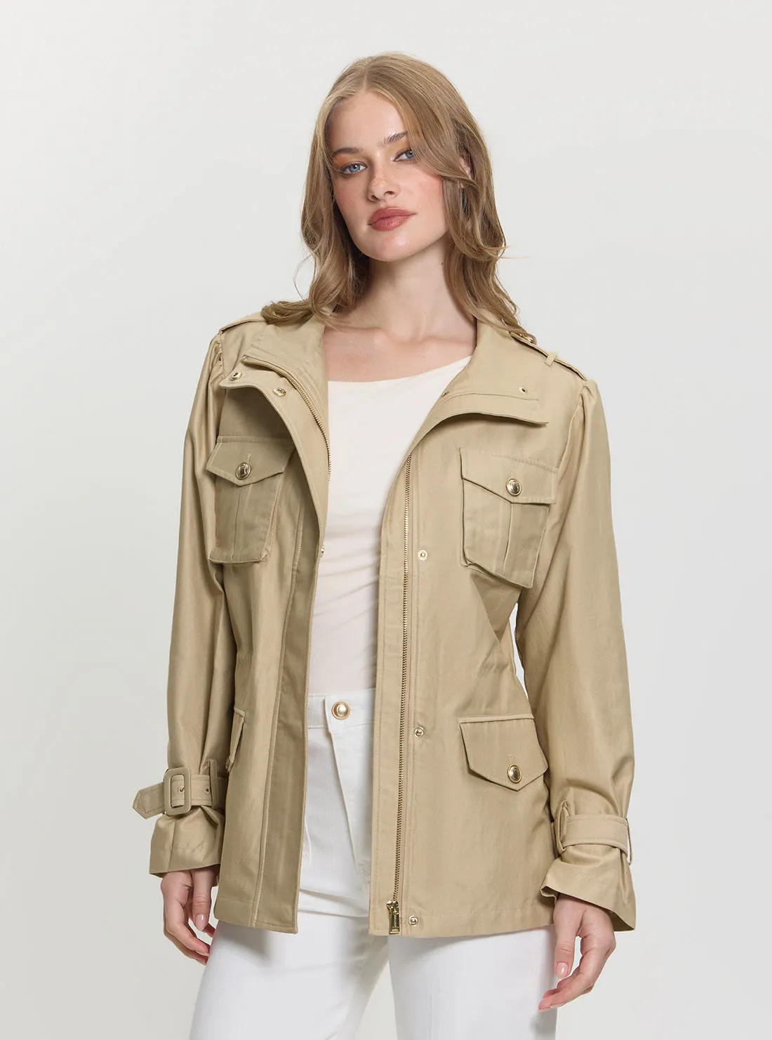 Classic Zip Up Seamless Shoulder Design Beige Emma Field Utility Jacket