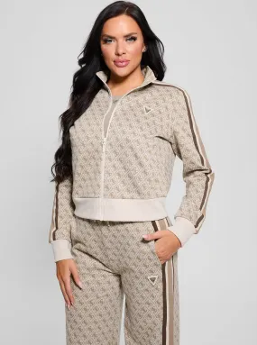 Beige Logo Jean Full Zip Jacket Stretch Fit Flexible Hood Design