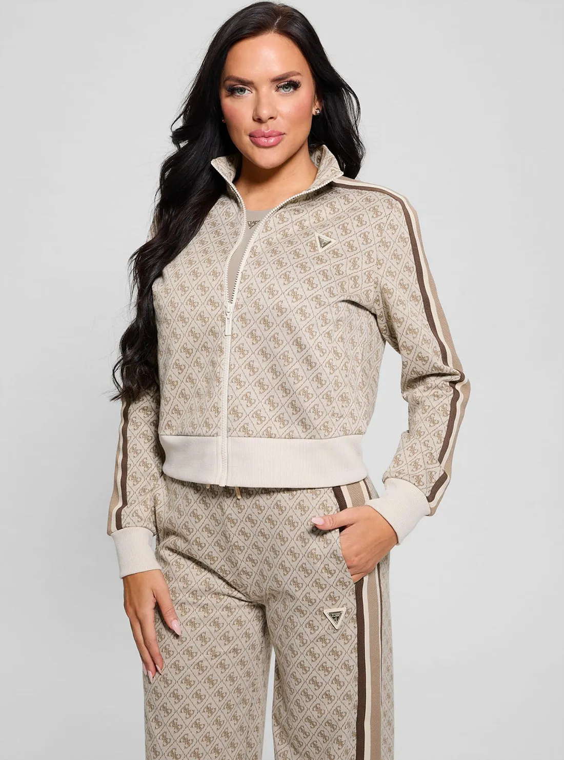 Beige Logo Jean Full Zip Jacket ReinforcedSeams Cashmere Blend