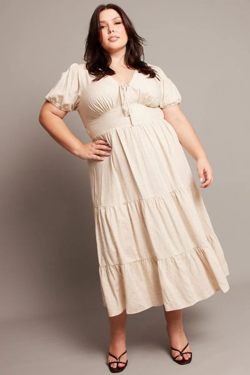 Fresh Style Beige Midi Dress Short Sleeve Linen Blend