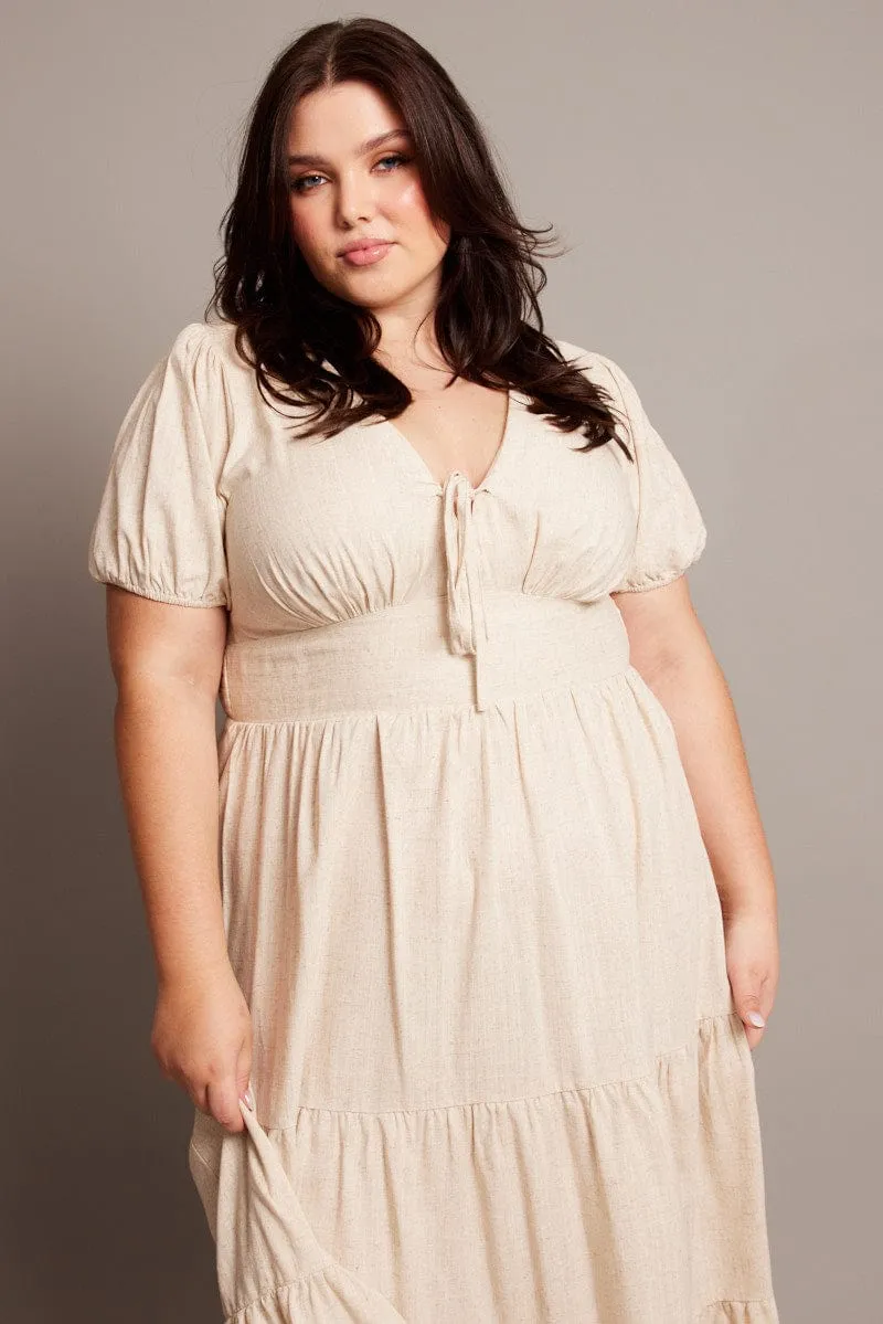 Knit Warm Beige Midi Dress Short Sleeve Linen Blend