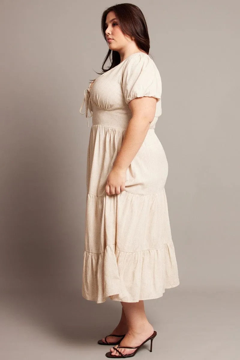 Beige Midi Dress Short Sleeve Linen Blend Mom Chic