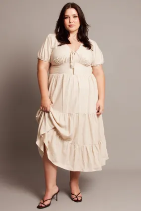 Beige Midi Dress Short Sleeve Linen Blend Calm Shine Smooth Mood