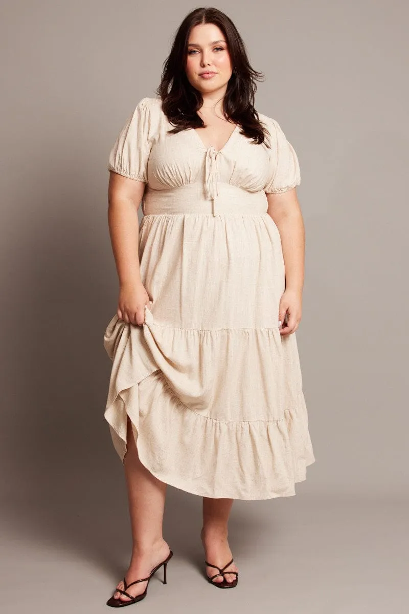 Beige Midi Dress Short Sleeve Linen Blend Calm Shine Smooth Mood