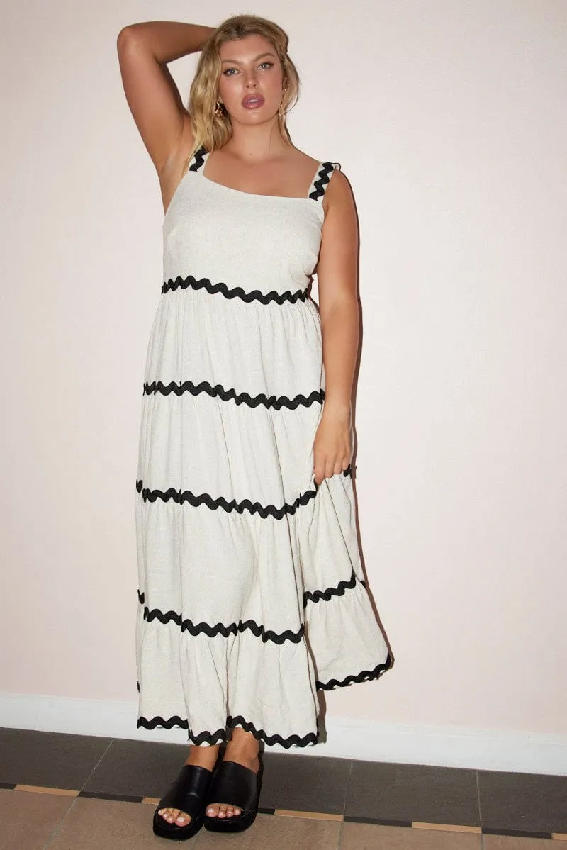 Everyday-Comfort Back Glow Beige Midi Dress Sleeveless Ric Rac Tiered Linen Blend