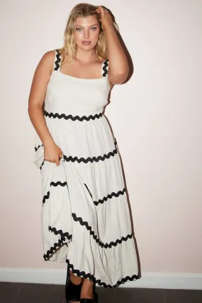 Beige Midi Dress Sleeveless Ric Rac Tiered Linen Blend Outfit Boost Flattering Fit for All