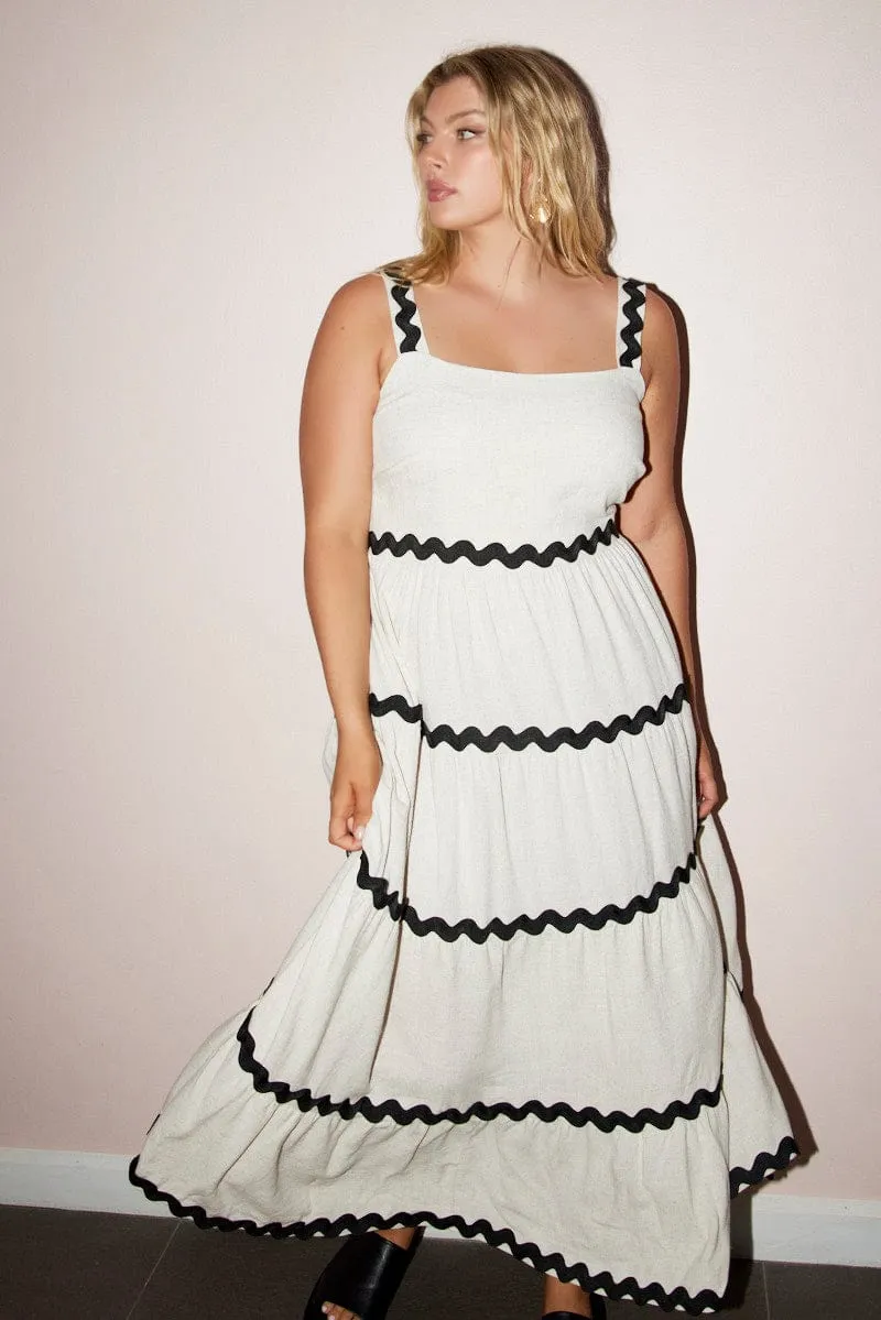 Chill Wear Retro Detail Beige Midi Dress Sleeveless Ric Rac Tiered Linen Blend